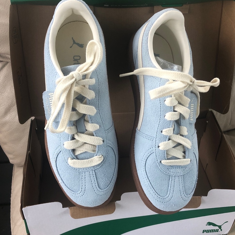 Puma Light Blue Suede Sneakers with Cream Laces